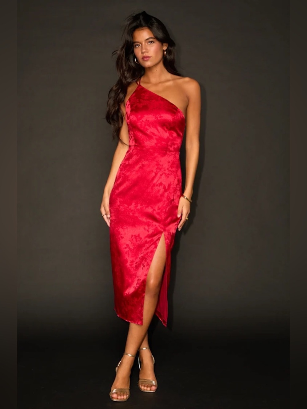 Lulus Desirable Dream Red Satin Jacquard Halter Neck Midi Dress